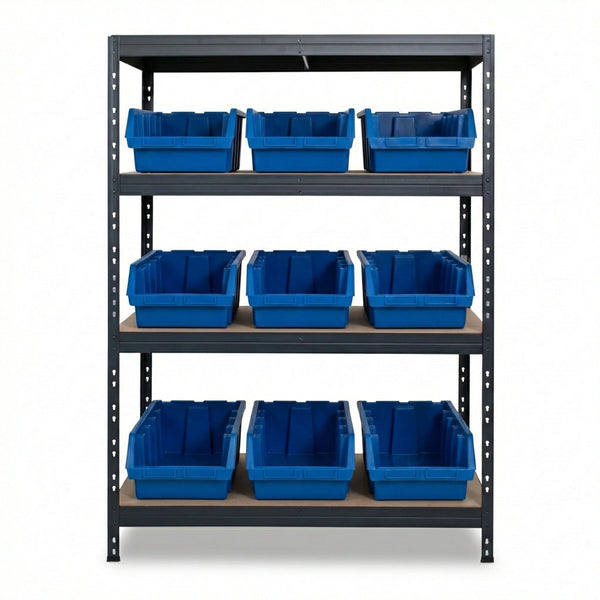 Blaues 4-stöckiges Ergobox5 Metallregal 120x45 cm mit Nieten