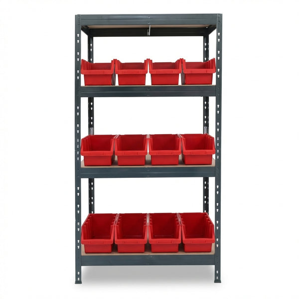 Rotes Metallregal mit 4 Ebenen und Ergobox4 Aufbewahrungsboxen