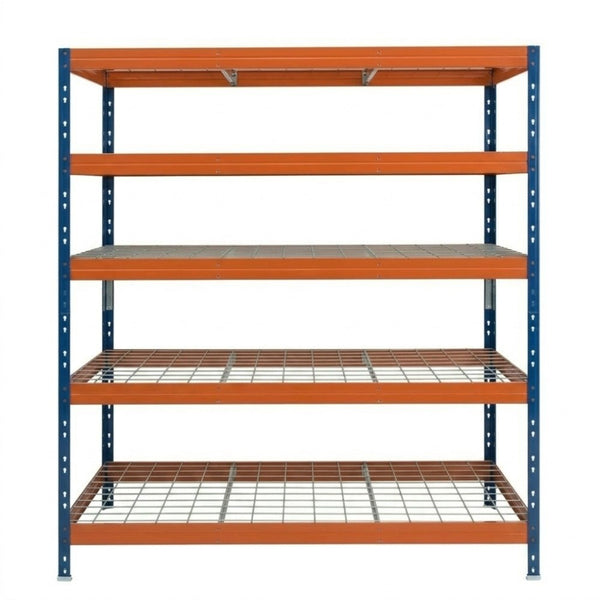 Kovový regál s 5 modro-oranžovými policemi, 252x150x45 cm