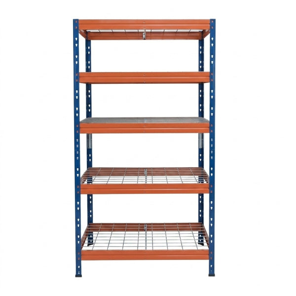 Estantería metálica sin tornillos RIVET PRO con niveles de malla metálica 252x90x45cm 5 niveles azul naranja