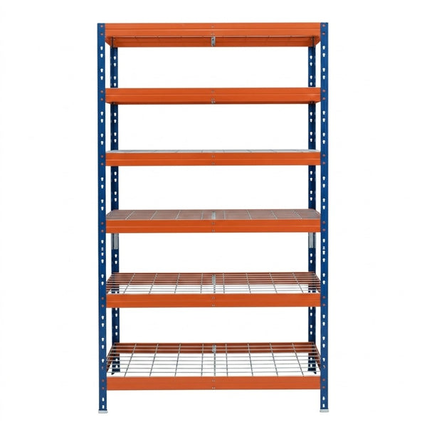 Estantería metálica sin tornillos RIVET PRO con niveles de malla metálica 252x90x45cm 6 niveles azul naranja