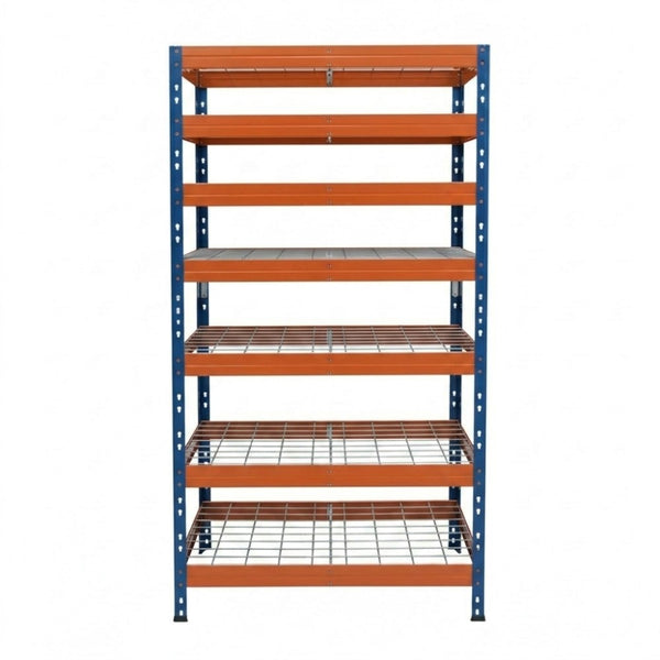 Kék-narancs fém polc Rivet DRM 252x90x45 cm, 7 szinttel