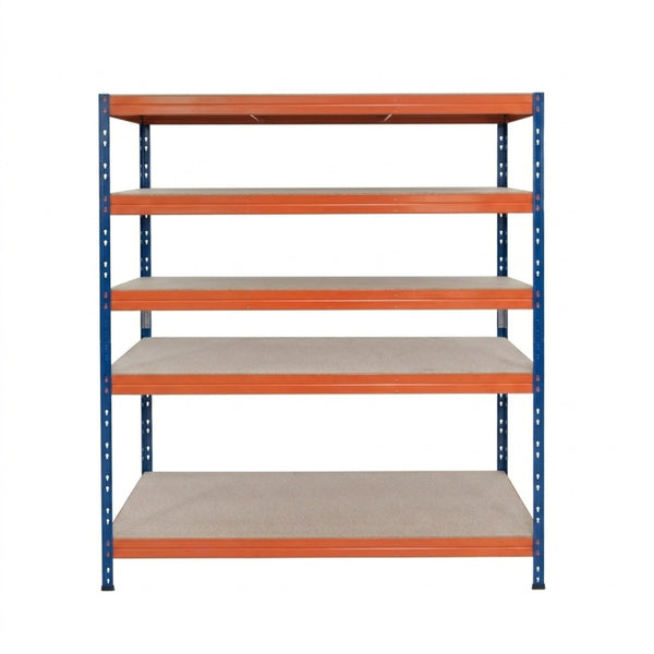 Estantería metálica sin tornillos RIVET PRO con tablero aglomerado 252x150x45cm 5 niveles azul naranja