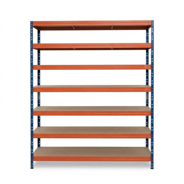 Estantería metálica sin tornillos RIVET PRO con tablero aglomerado 252x150x45cm 7 niveles azul naranja