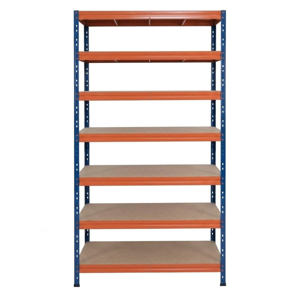 Estantería metálica sin tornillos RIVET PRO con tablero aglomerado 252x90x45cm 7 niveles azul naranja