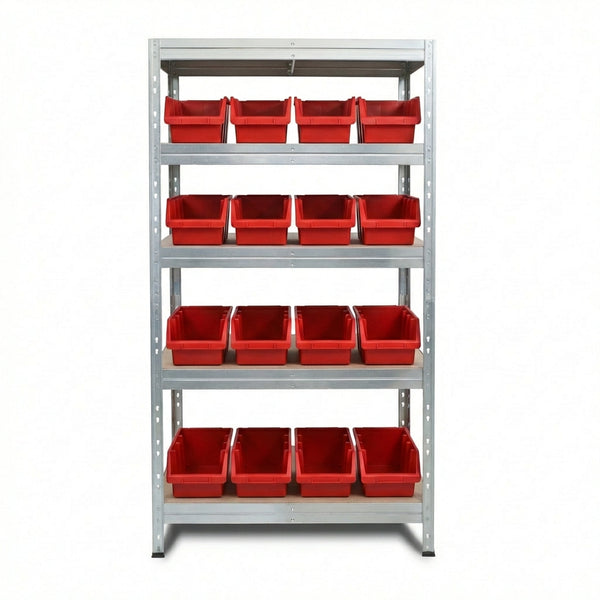 Metallregal 90x45 cm mit 5 Ebenen und roten Ergobox4 Behältern