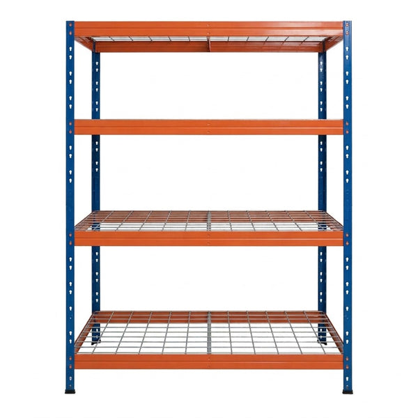 Blau-orange Metallregal mit 4 Ebenen, 120x45 cm, Vorderansicht