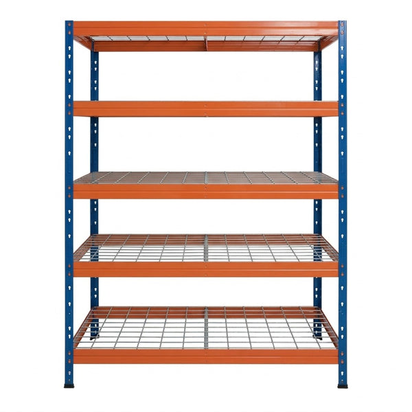Modrý a oranžový kovový regál se 5 policemi, 120x45 cm, přední pohled
