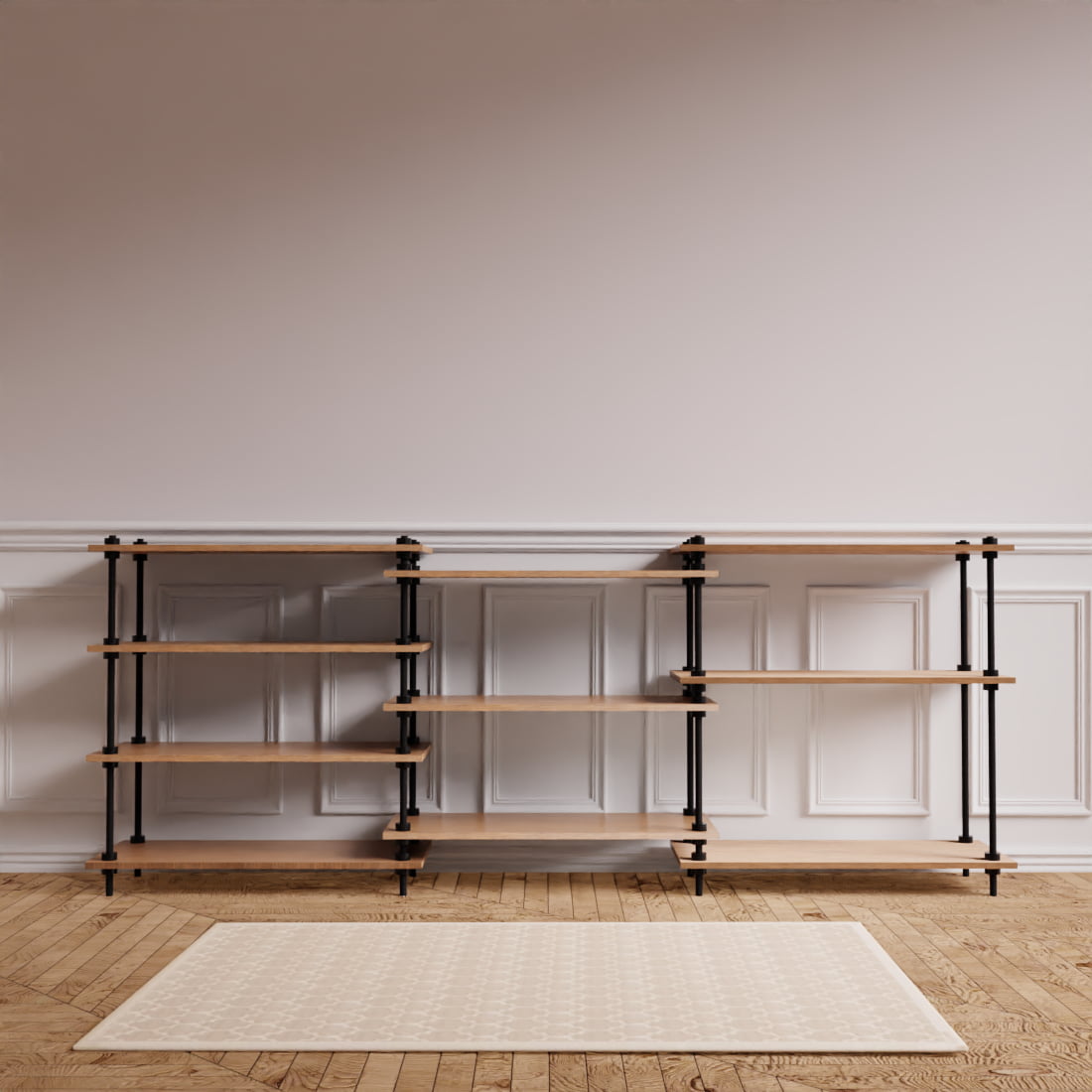 DecoSeries fém polcrendszer 3 alacsony Standard L polccal, egyszerű megjelenítés