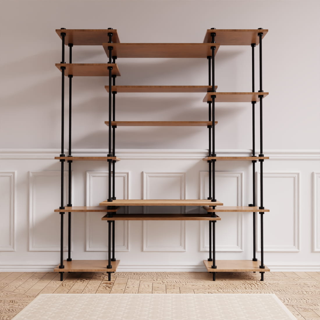DecoSeries Schreibtisch mit zwei Standard-Metallregalen und Holzablagen