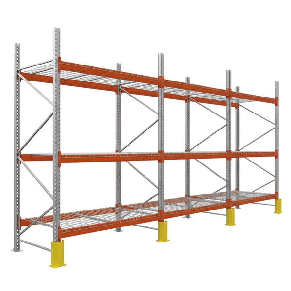Estantería para palets módulo inicial 600x270x110cm. 3 niveles 1000kg por paleta 3 módulos malla metálica protector puntal