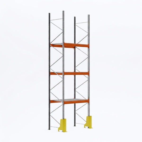 Estantería para palets módulo inicial 600x270x110cm. 3 niveles 500kg por paleta malla metálica protector puntal