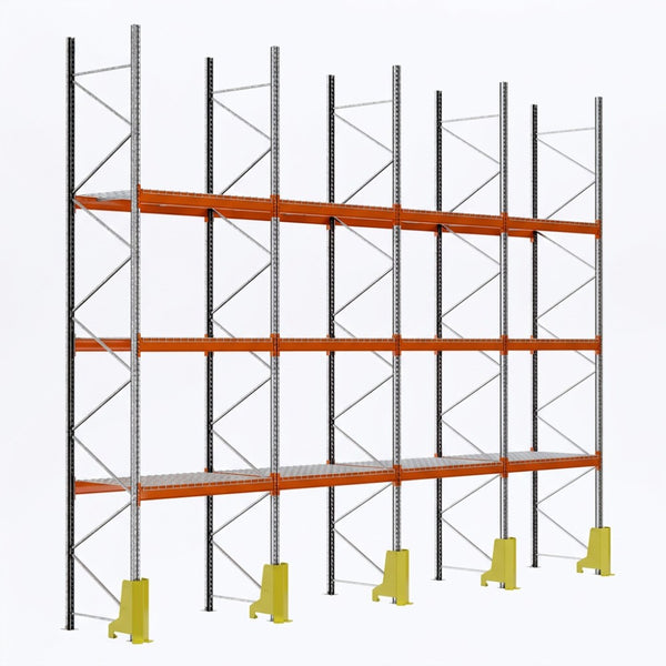 Estantería para palets módulo inicial 600x270x110cm. 3 niveles 1000kg por paleta 4 módulos malla metálica protector puntal