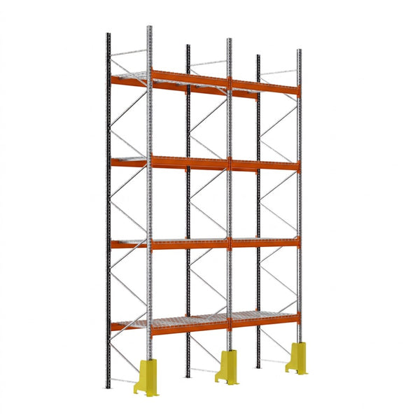 Estantería para palets módulo inicial 600x270x110cm. 4 niveles 1000kg por paleta 2 módulos malla metálica protector puntal