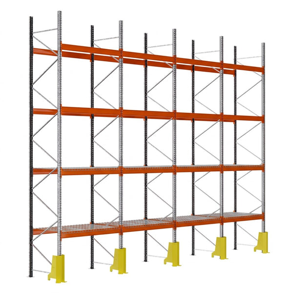 Estantería para palets módulo inicial 600x270x110cm. 4 niveles 1000kg por paleta 4 módulos malla metálica protector puntal