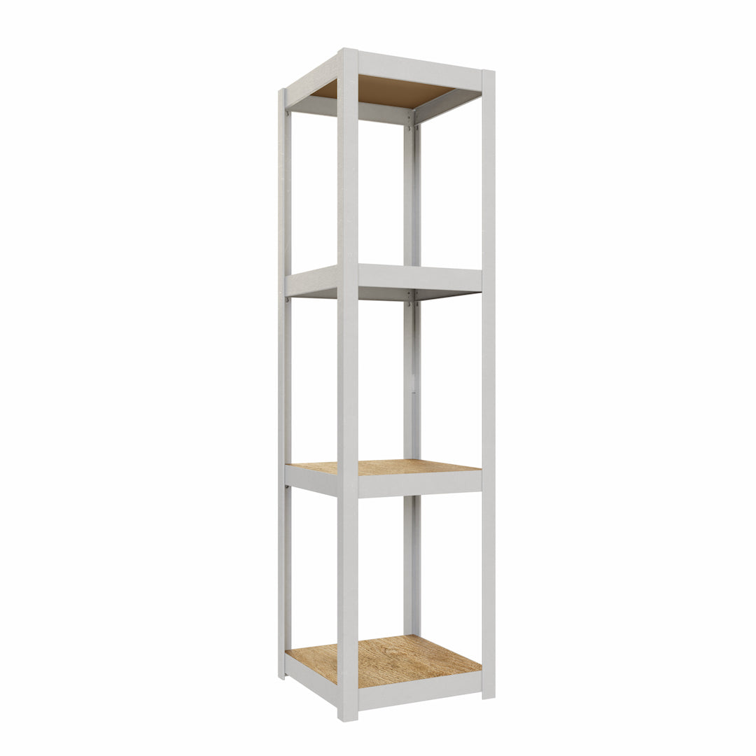Boční pohled na kovový regál STYLE 40x40 se čtyřmi úrovněmi