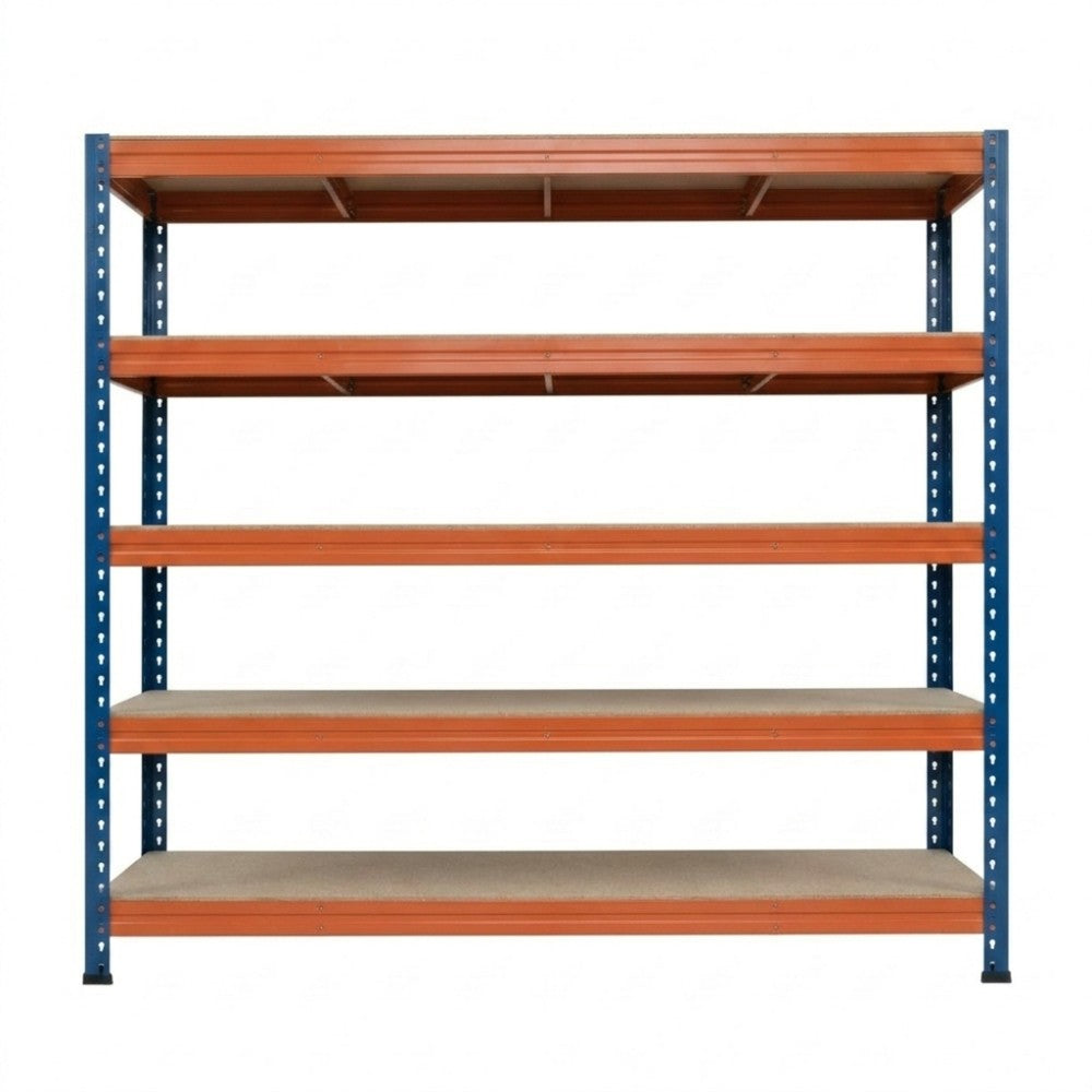 Predný pohľad na modro-oranžový kovový regál Bullrack Rivet Pro DTD 200 s piatimi policami