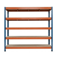 Predný pohľad na modro-oranžový kovový regál Bullrack Rivet Pro DTD 200 s piatimi policami
