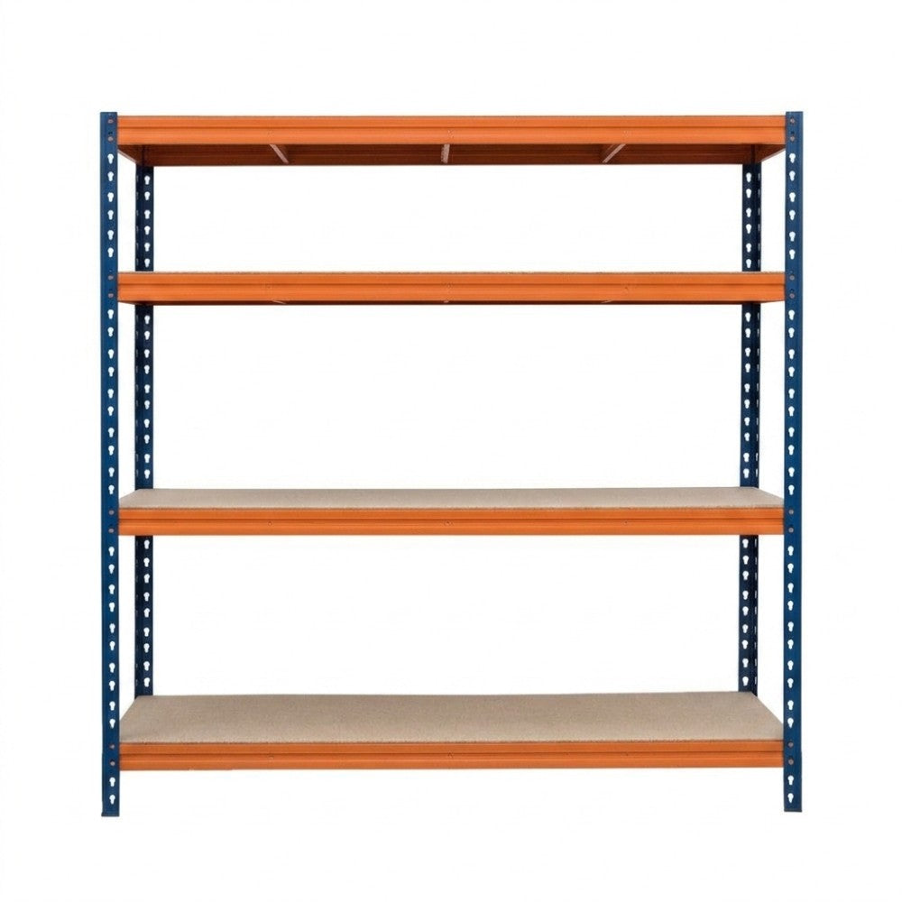 Schwerlastregal BULLRACK RIVET PRO, 200x180x45cm, Spanplatte, 4 Böden, blau-orange