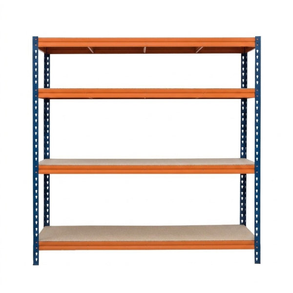 Schwerlastregal BULLRACK RIVET PRO, 200x200x60cm, Spanplatte, 4 Böden, blau-orange