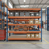 Schwerlastregal BULLRACK RIVET PRO, 200x180x45cm, Spanplatte, 4 Böden, blau-orange