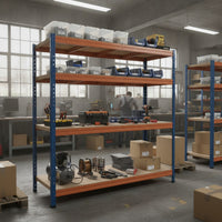 Schwerlastregal BULLRACK RIVET PRO, 200x180x45cm, Spanplatte, 4 Böden, blau-orange