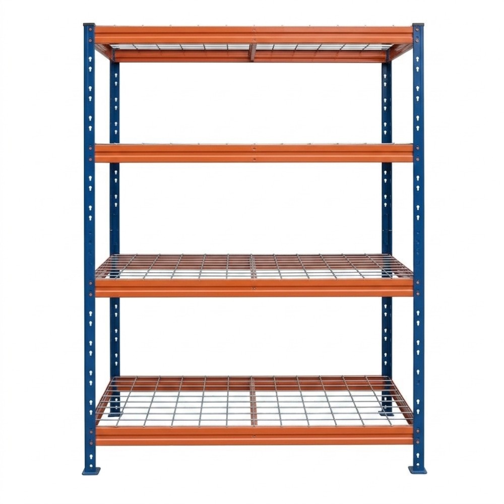 Schwerlastregal BULLRACK RIVET PRO, 200x120x45cm, Stahlgitterboden, 4 Böden, blau-orange