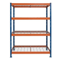 Schwerlastregal BULLRACK RIVET PRO, 200x120x45cm, Stahlgitterboden, 4 Böden, blau-orange