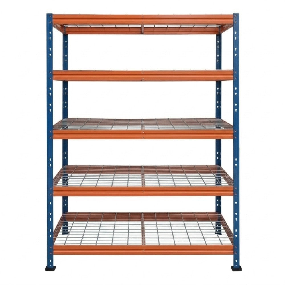 Schwerlastregal BULLRACK RIVET PRO, 200x120x60cm, Stahlgitterboden, 5 Böden, blau-orange