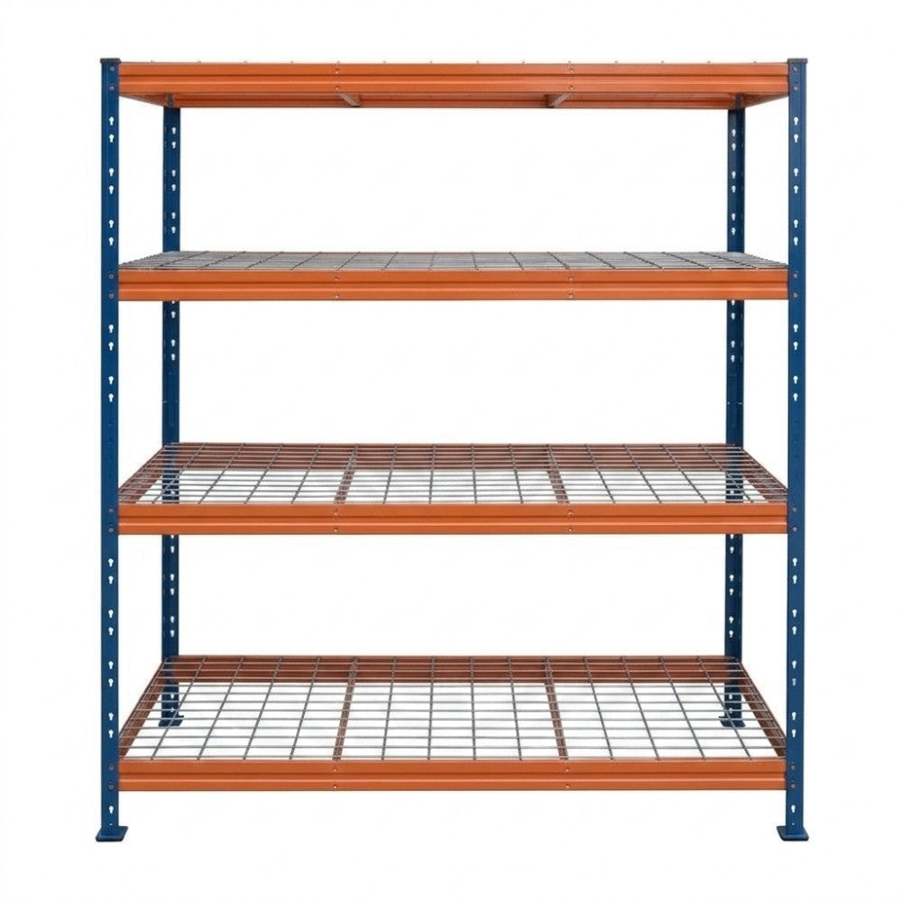 BULLRACK RIVET PRO nagy teherbírású állvány, 200×150×45 cm, 4 szint, acélrács polccal, 300 kg/polc, kék-narancs