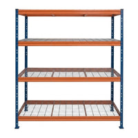 BULLRACK RIVET PRO nagy teherbírású állvány, 200×150×45 cm, 4 szint, acélrács polccal, 300 kg/polc, kék-narancs