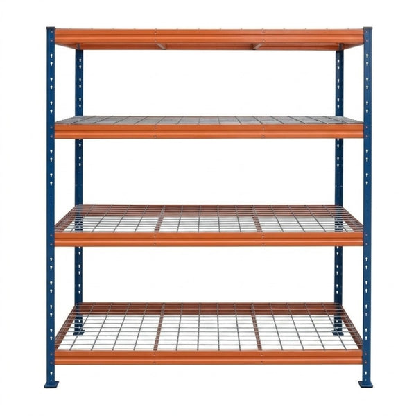 Schwerlastregal BULLRACK RIVET PRO, 200x150x60cm, Stahlgitterboden, 4 Böden, blau-orange