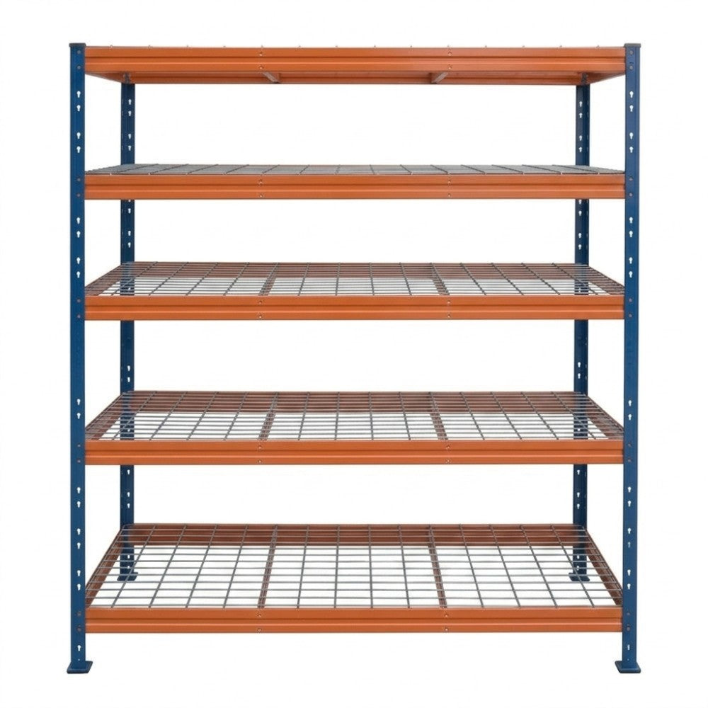 Schwerlastregal BULLRACK RIVET PRO, 200x150x45cm, Stahlgitterboden, 5 Böden, blau-orange