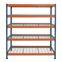 Schwerlastregal BULLRACK RIVET PRO, 200x150x45cm, Stahlgitterboden, 5 Böden, blau-orange