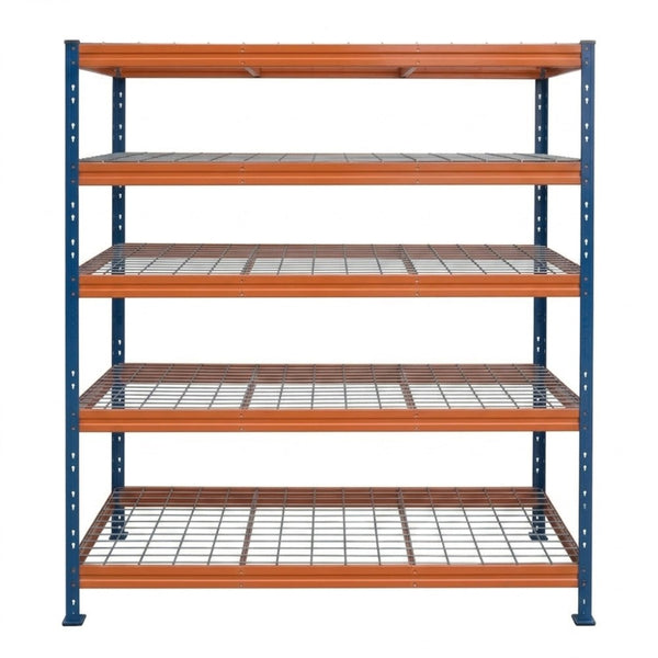 Schwerlastregal BULLRACK RIVET PRO, 200x150x60cm, Stahlgitterboden, 5 Böden, blau-orange