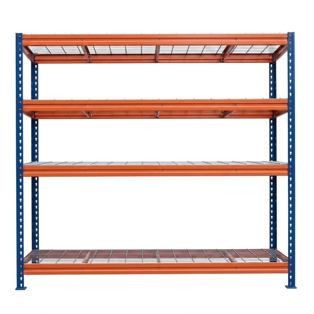 Schwerlastregal BULLRACK RIVET PRO, 200x180x45cm, Stahlgitterboden, 4 Böden, blau-orange
