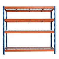 Schwerlastregal BULLRACK RIVET PRO, 200x180x45cm, Stahlgitterboden, 4 Böden, blau-orange