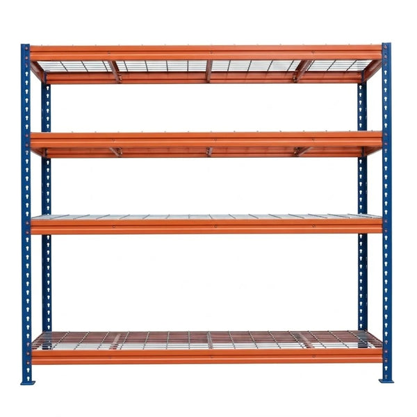 Schwerlastregal BULLRACK RIVET PRO, 200x180x60cm, Stahlgitterboden, 4 Böden, blau-orange