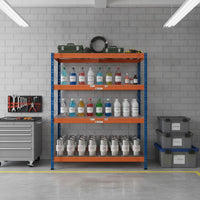 Schwerlastregal BULLRACK RIVET PRO, 200x200x60cm, Stahlgitterboden, 5 Böden, blau-orange