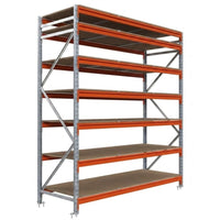Nagy fesztávú állvány alapmodul, 300×185×100 cm, 7 szint, forgácslap polccal, 790 kg/polc, horganyzott/narancs