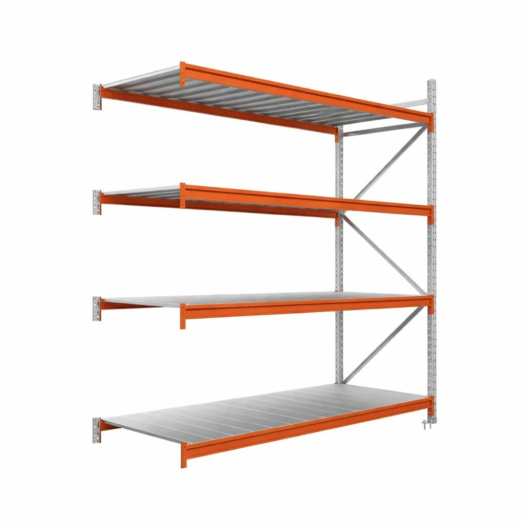Průmyslové regály, přídavný modul, 200x150x60cm, 4 úrovně s kovovými policemi, 975kg na polici