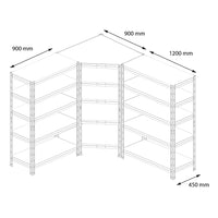 Technische Zeichnung eines Metallregals Garage45 mit 5 Regalböden und Verstärkung 90x120 cm
