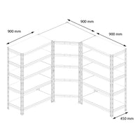 Technische Zeichnung eines Metallregals Garage45 mit 5 Regalböden und Verstärkung 90x90 cm