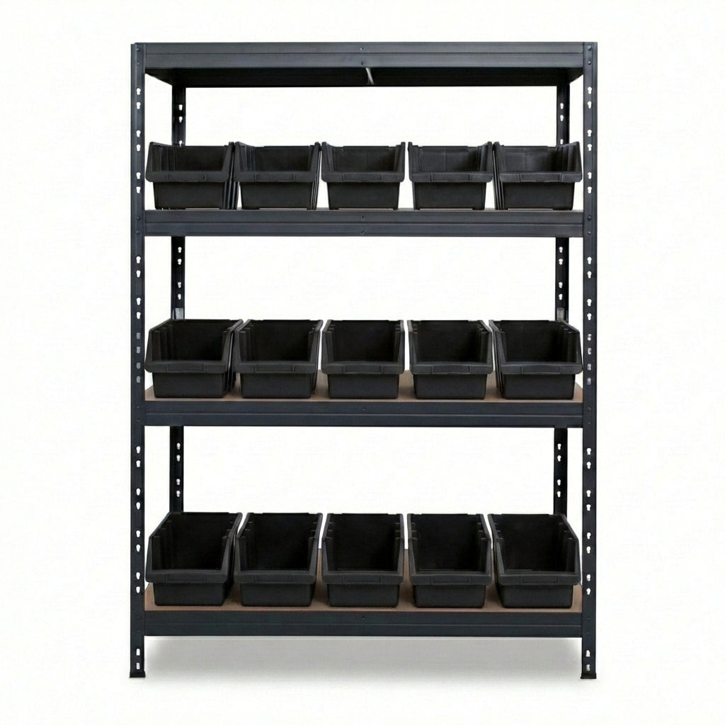 Schwarzes 4-stöckiges Ergobox4 Metallregal 120x45 cm mit Nieten