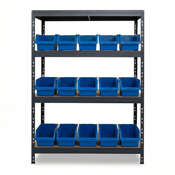 Blaues 4-stöckiges Ergobox4 Metallregal 120x45 cm mit Nieten