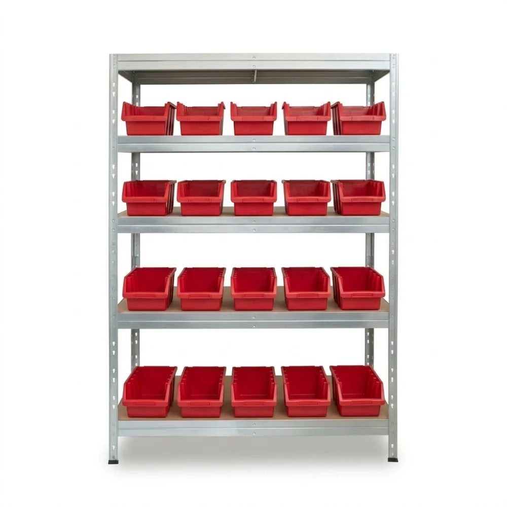 Červený päťposchodový kovový regál Ergobox4 120x45 cm s nýtmi