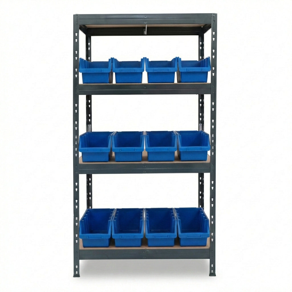 Blaues Metallregal mit 4 Ebenen und Ergobox4 Aufbewahrungsboxen
