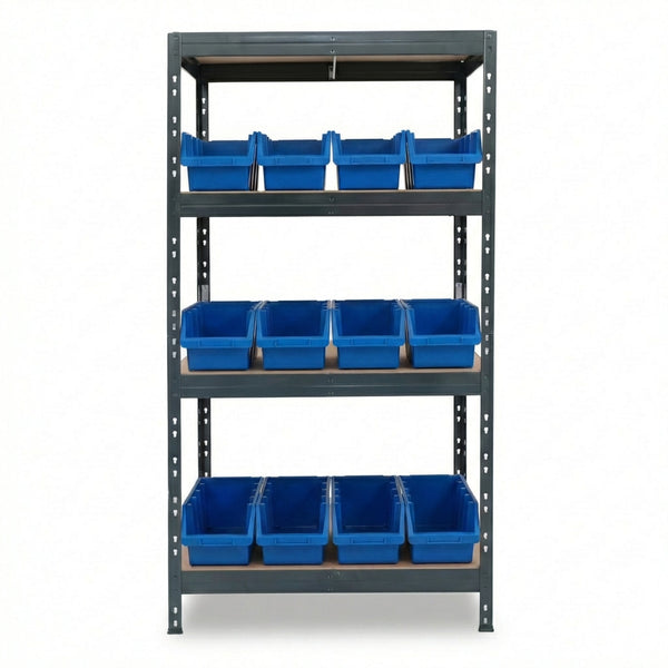 Blaues Metallregal mit 4 Ebenen und Ergobox4 Aufbewahrungsboxen
