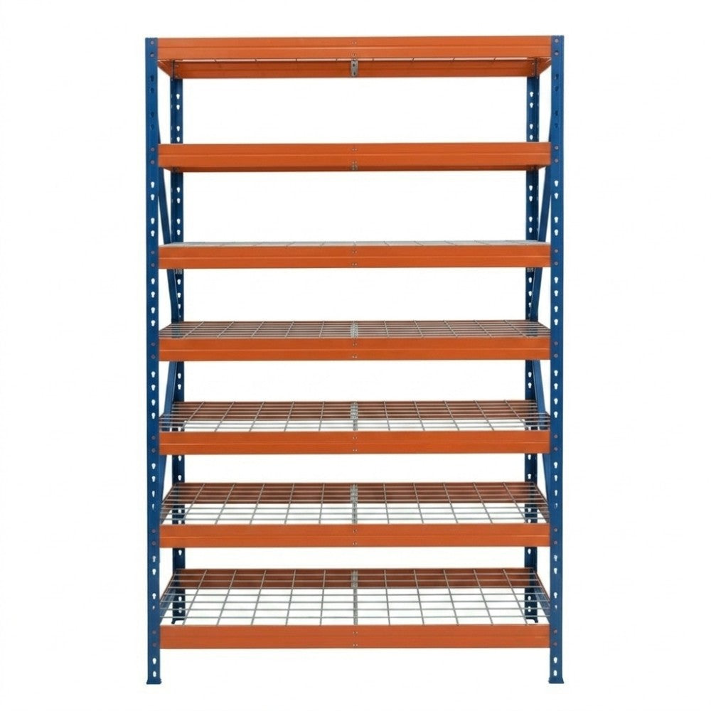 Modro-oranžový kovový regál DRM 252 so siedmimi policami, rozmery 120x45 cm