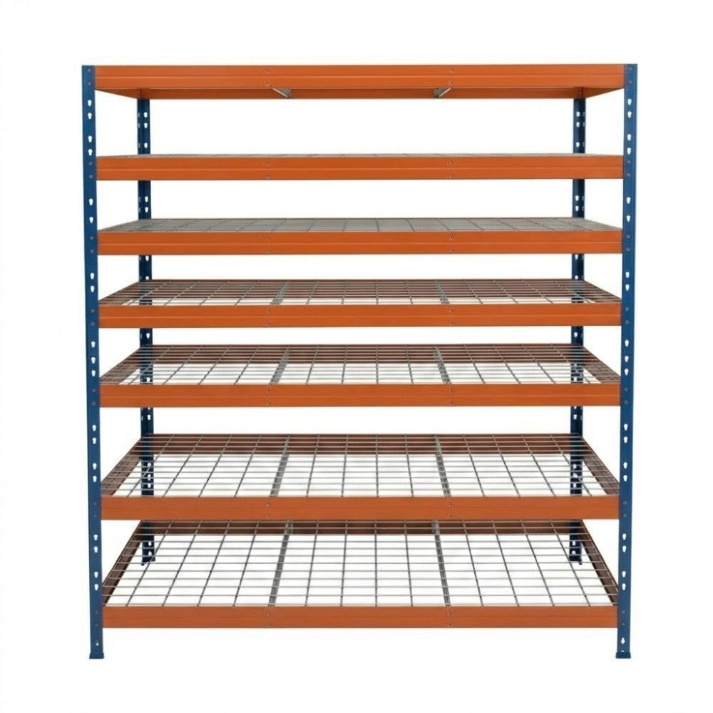 Kovový regál s 7 modro-oranžovými policemi, 252x150x45 cm